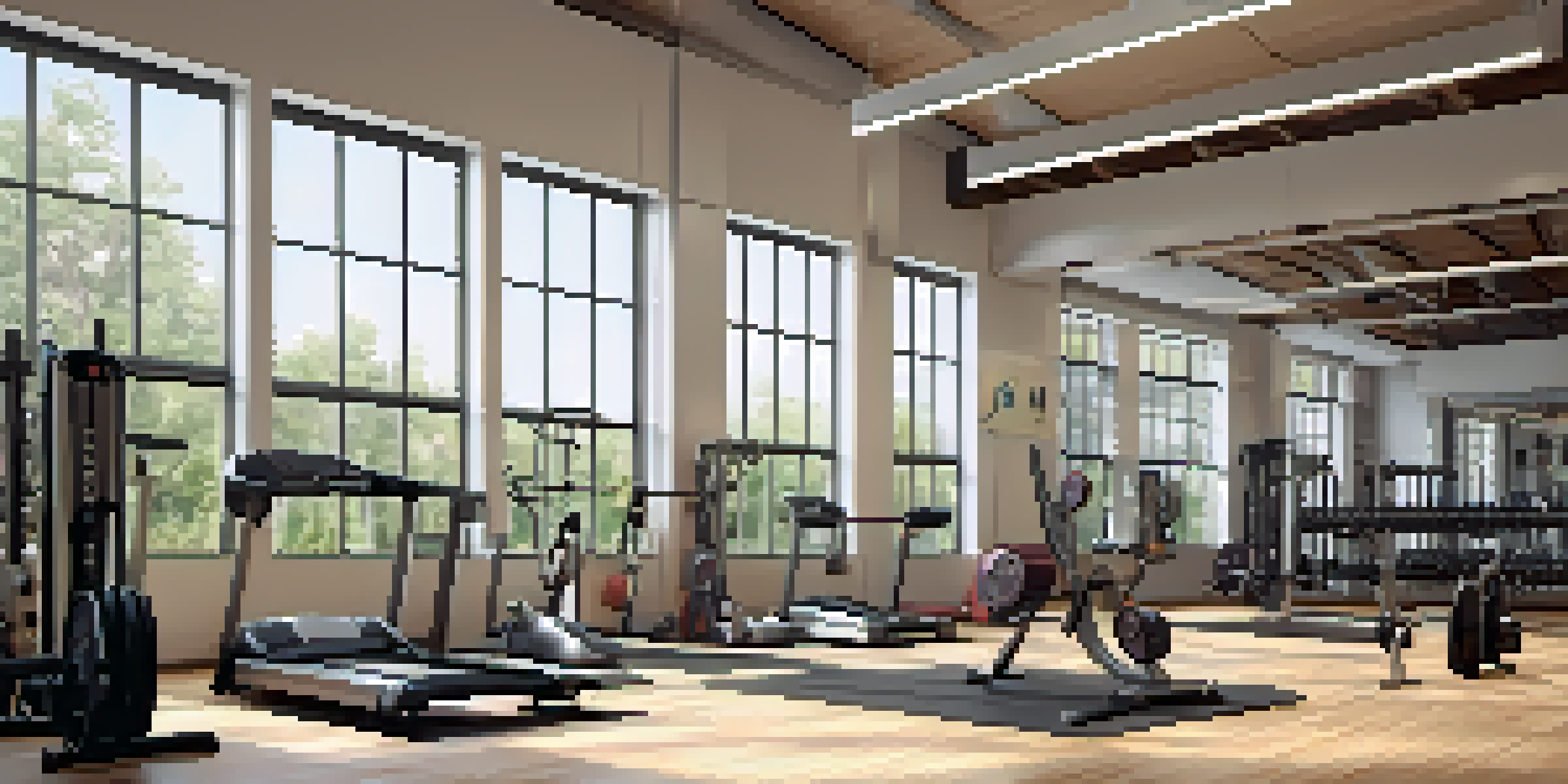 A bodybuilder lifting weights in a well-lit gym with natural sunlight and motivational posters in the background.