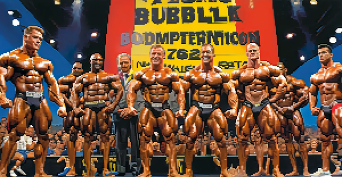 A diverse group of determined bodybuilders showcasing their physiques in a competition setting with a banner promoting fair competition in the background.