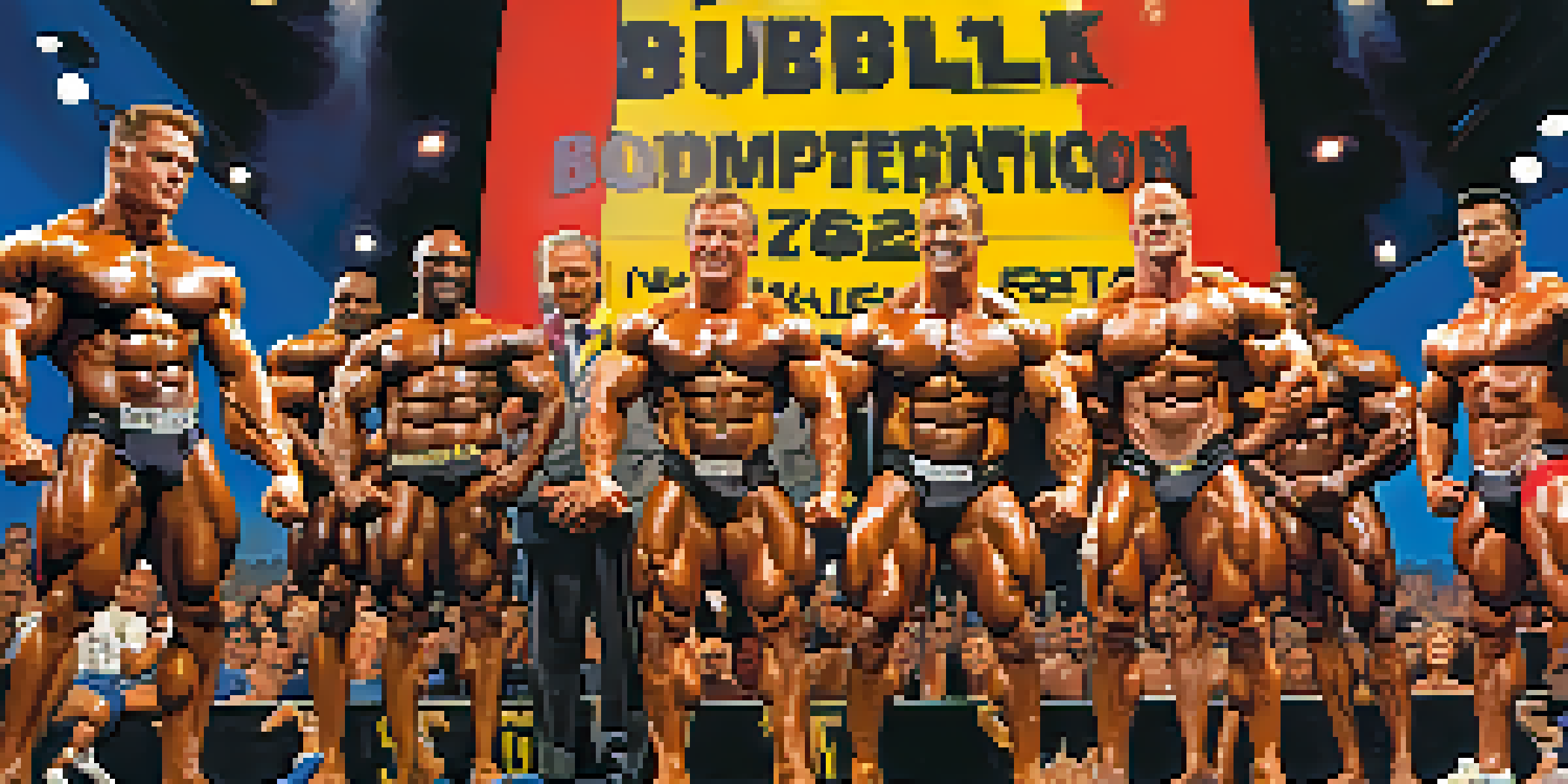 A diverse group of determined bodybuilders showcasing their physiques in a competition setting with a banner promoting fair competition in the background.