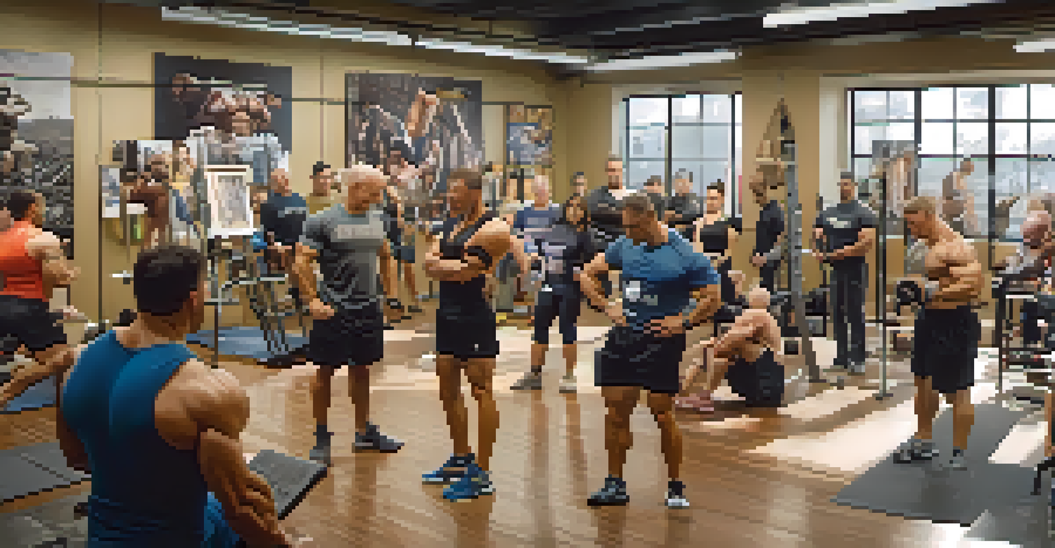 A coach teaching posing techniques to a small group of enthusiastic attendees in a well-lit workshop environment filled with fitness posters.