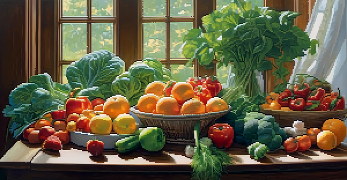 A colorful arrangement of fresh fruits and vegetables on a wooden table, showcasing a variety of healthy foods.