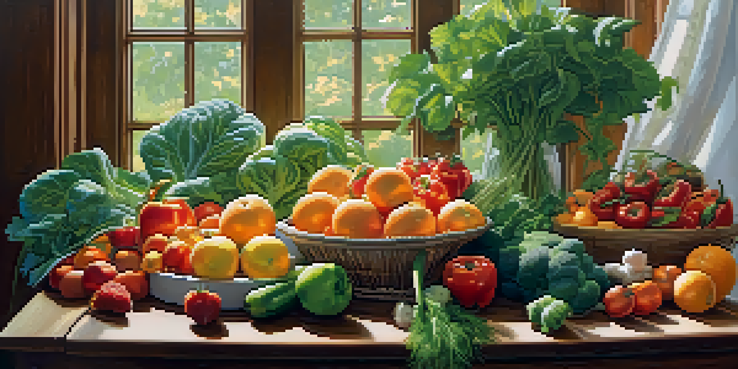 A colorful arrangement of fresh fruits and vegetables on a wooden table, showcasing a variety of healthy foods.