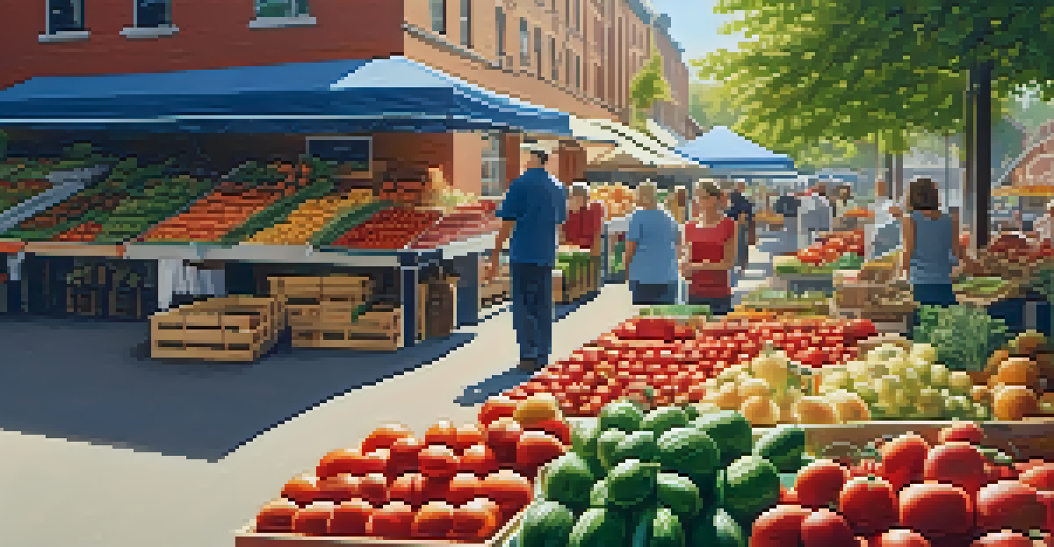 A farmer's market filled with fresh produce, including seasonal vegetables and fruits, with a shopper selecting ripe tomatoes under warm sunlight.