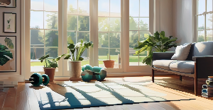 A bright living room with a yoga mat, dumbbells, and a resistance band, illuminated by sunlight coming through large windows.
