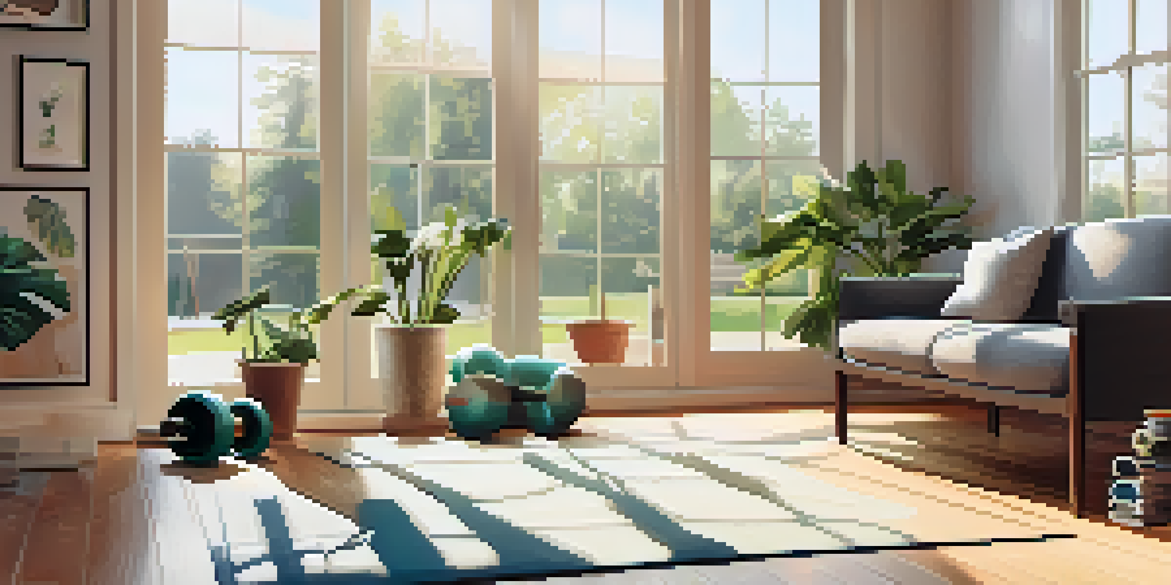 A bright living room with a yoga mat, dumbbells, and a resistance band, illuminated by sunlight coming through large windows.
