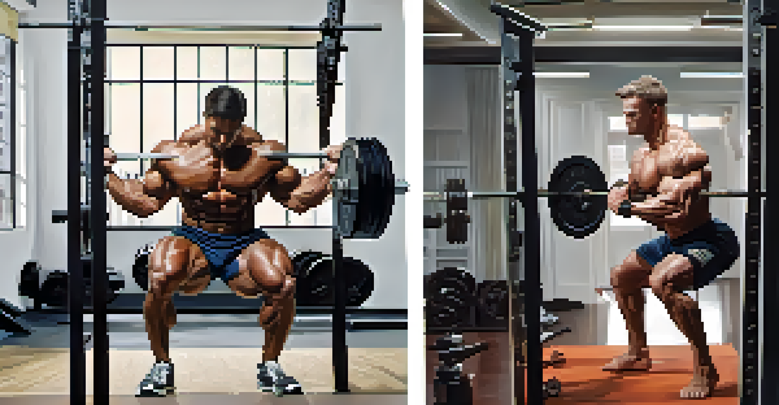 A split image of a powerlifter squatting heavy weights on one side and an aesthetic bodybuilder doing bicep curls on the other, both in a well-lit gym.