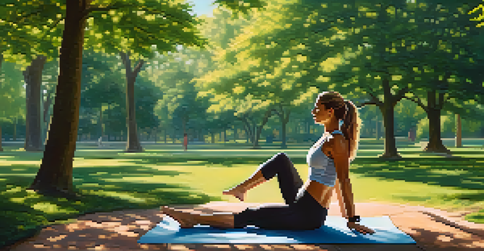 A person doing yoga in a peaceful park setting, surrounded by trees and sunlight.