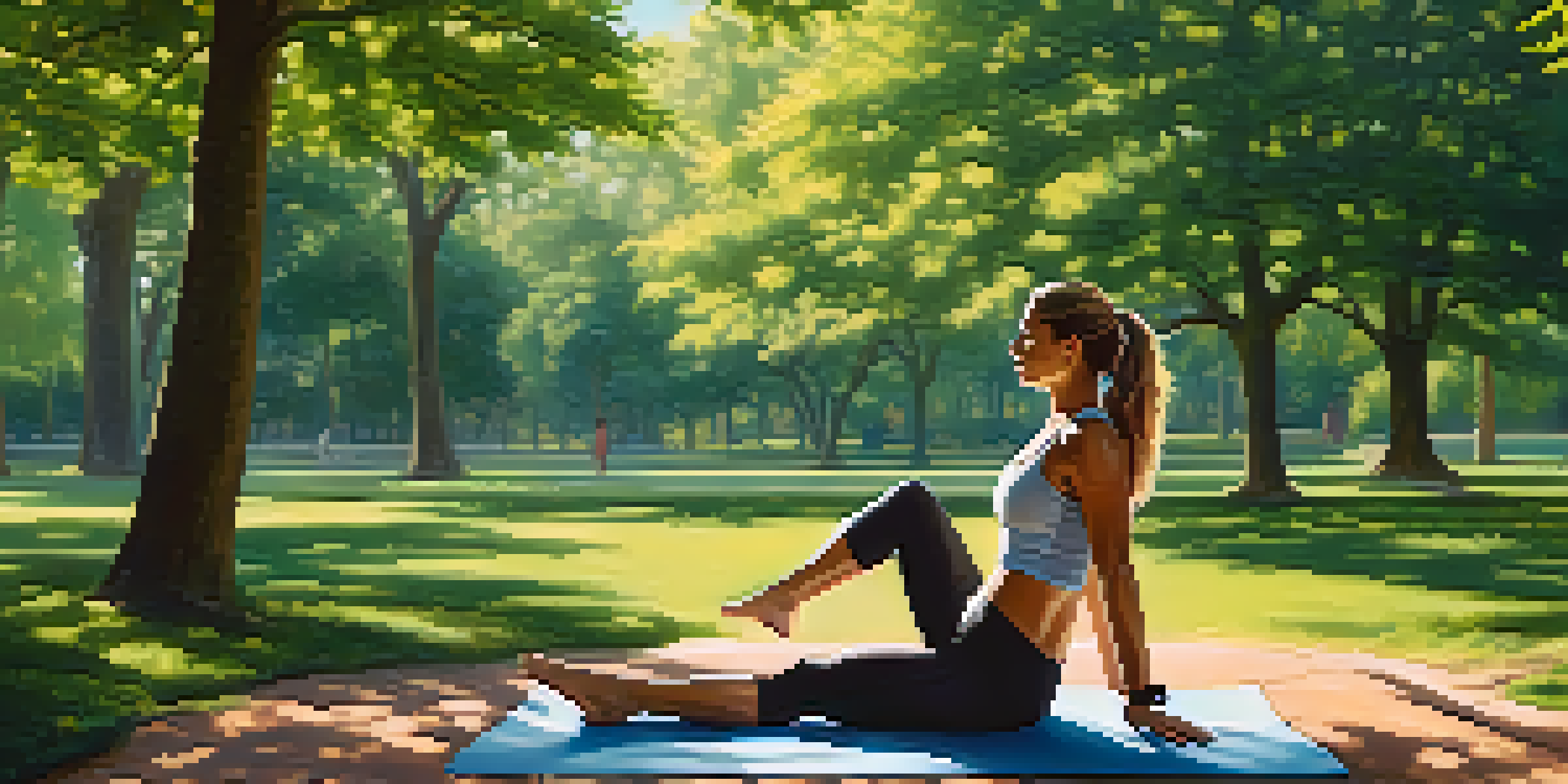 A person doing yoga in a peaceful park setting, surrounded by trees and sunlight.