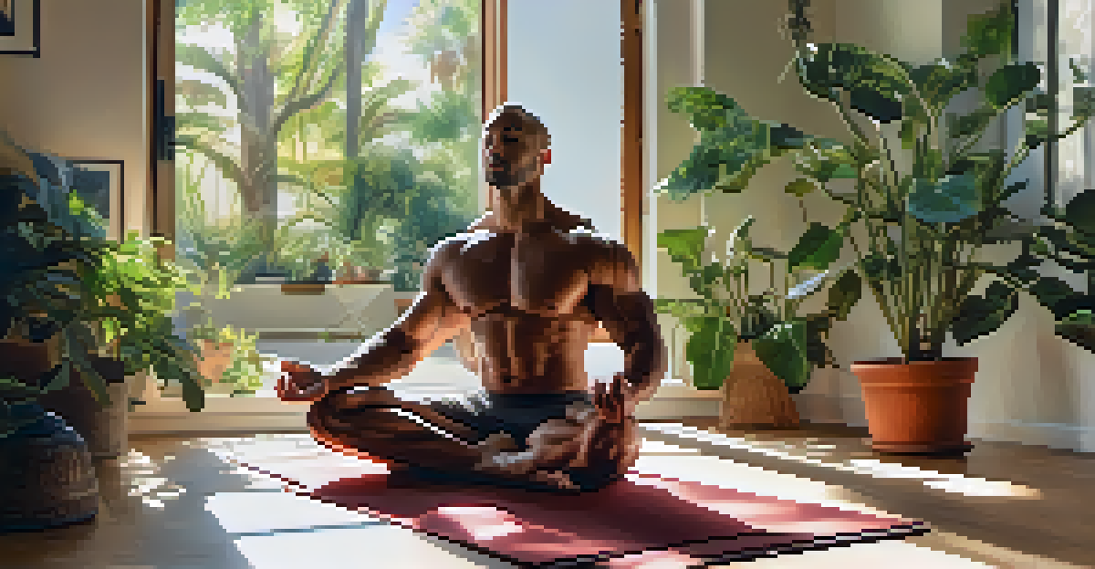 A bodybuilder meditating on a yoga mat in a sunlit room, surrounded by plants, with a peaceful expression.