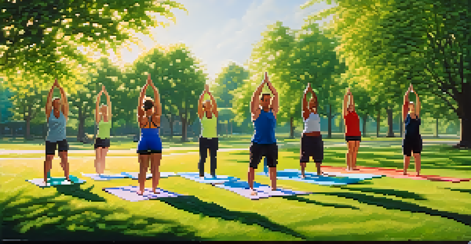 A group of bodybuilders doing standing quadriceps stretches in a sunny park, promoting flexibility and strength.