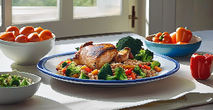 A colorful plate of grilled chicken, quinoa, and mixed vegetables in a well-lit kitchen.