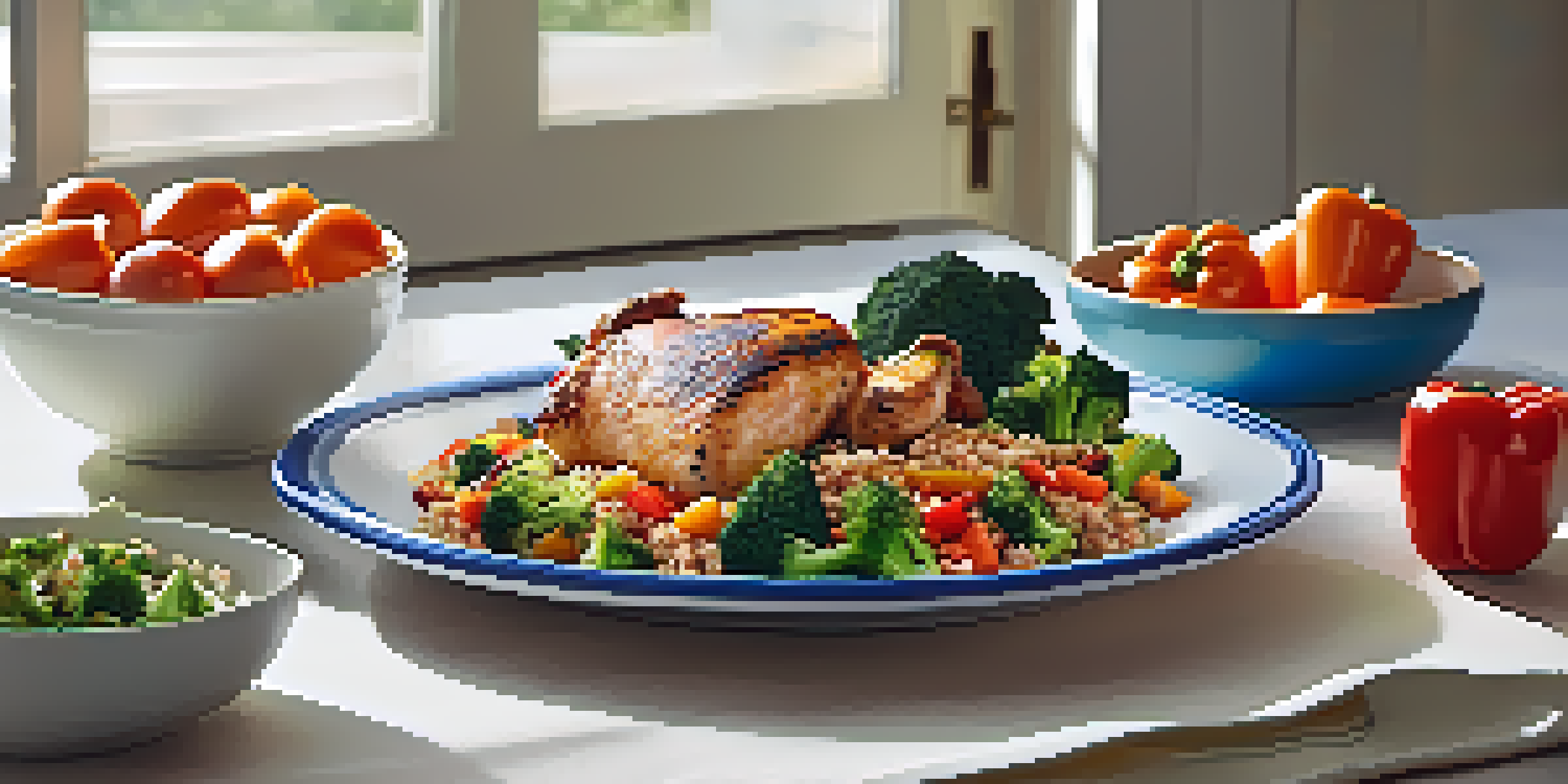 A colorful plate of grilled chicken, quinoa, and mixed vegetables in a well-lit kitchen.