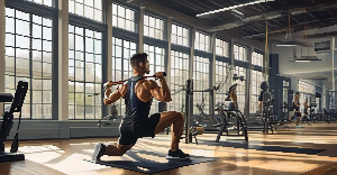A muscular man performing seated rows with resistance bands in a bright gym, focusing on rehabilitation.