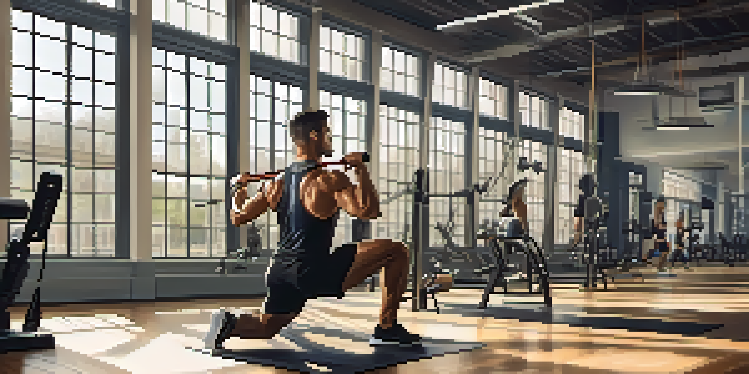 A muscular man performing seated rows with resistance bands in a bright gym, focusing on rehabilitation.