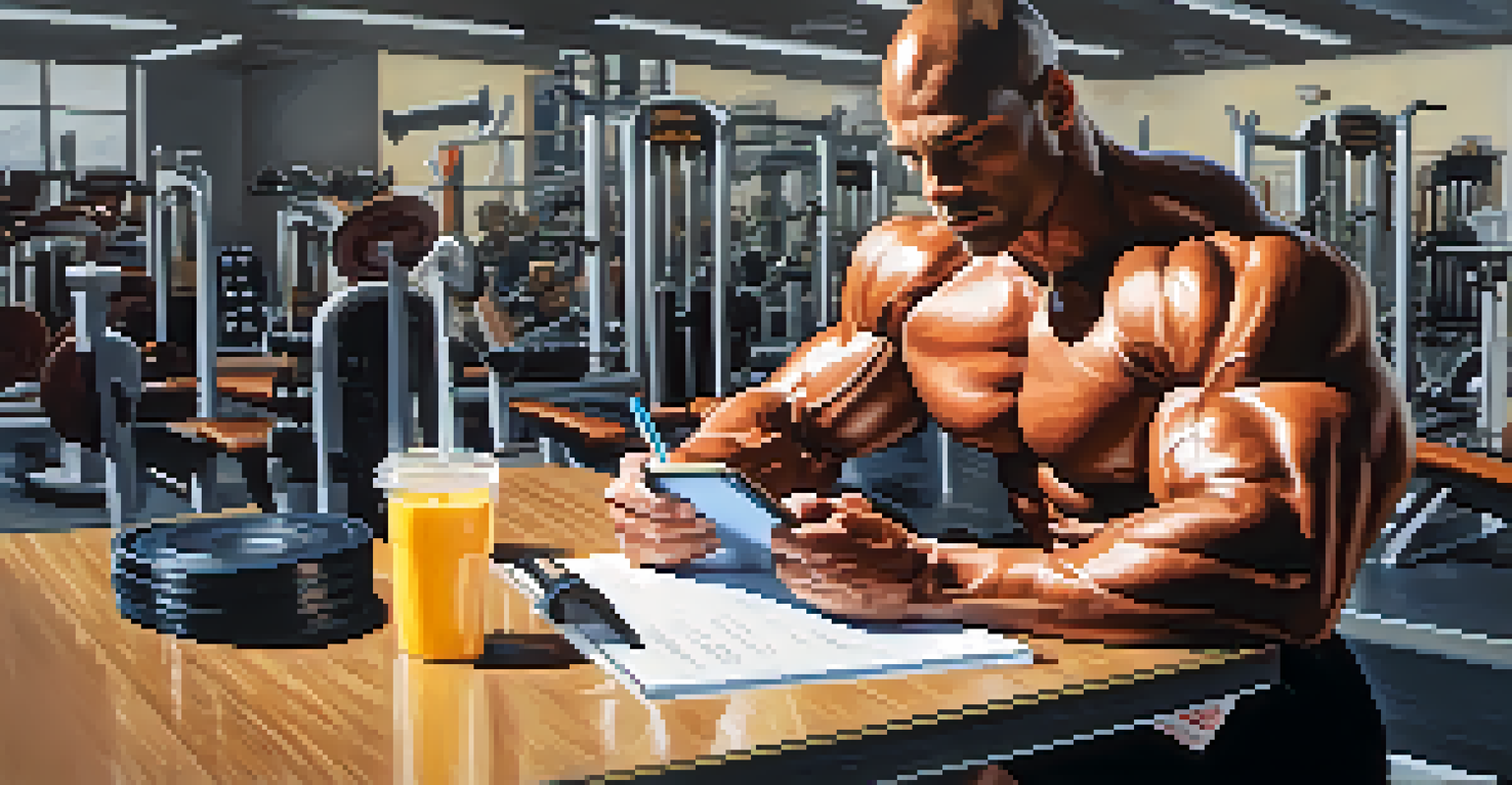 A bodybuilder in a gym taking notes on a clipboard with a protein shake and nutritious food on a bench nearby, under bright gym lights.