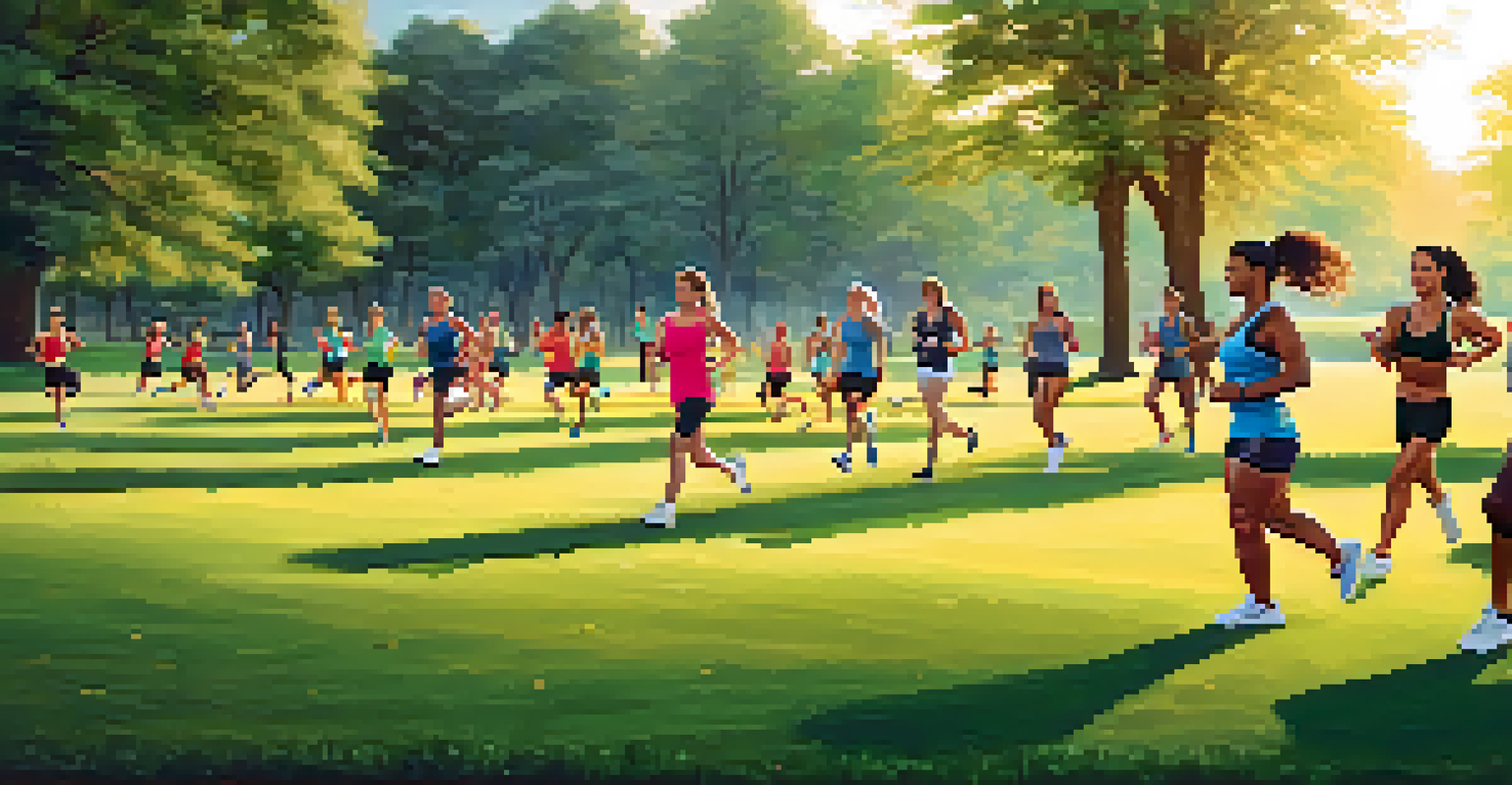 A group of friends exercising outdoors in a park, engaged in a fitness challenge during sunset.