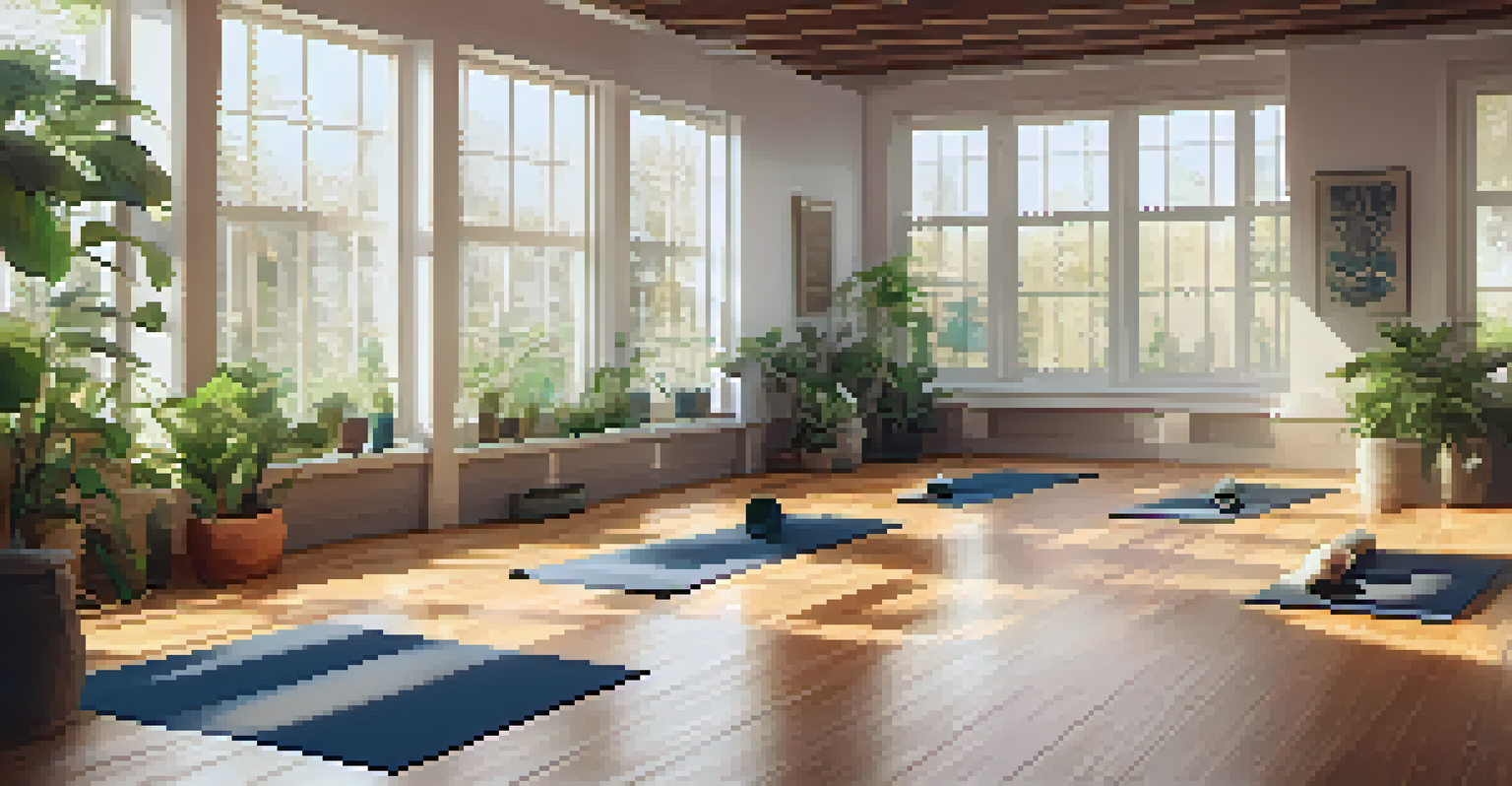 A cozy yoga studio with mats, plants, and individuals practicing yoga in a calm environment.