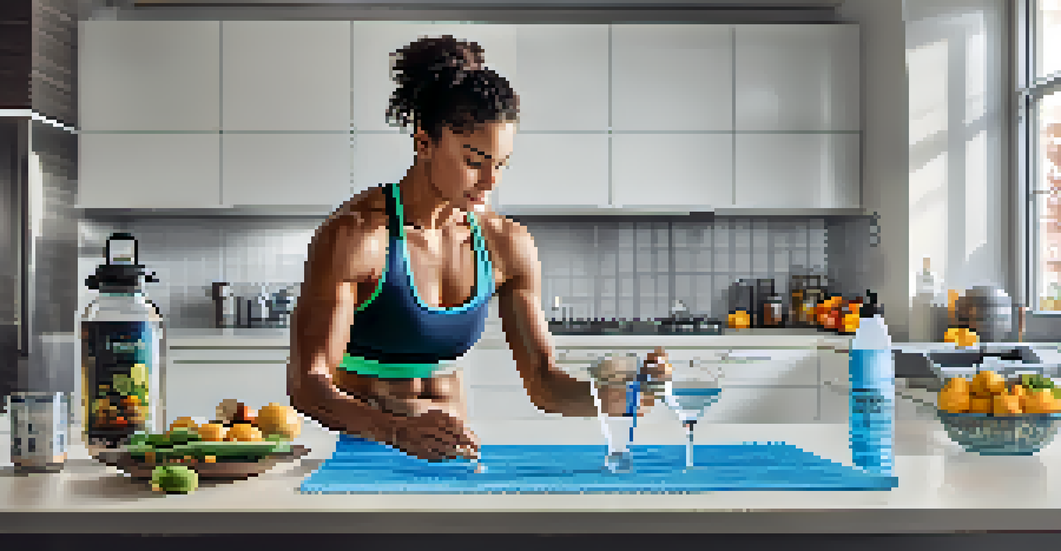 An athlete's kitchen counter featuring a glass of water, workout gear, and a motivational poster, highlighting hydration's role in nutrition.