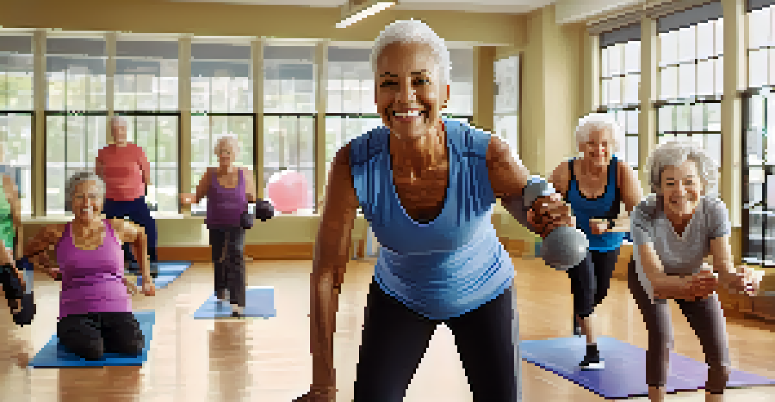 A group of older adults happily participating in a fitness class in a gym setting.
