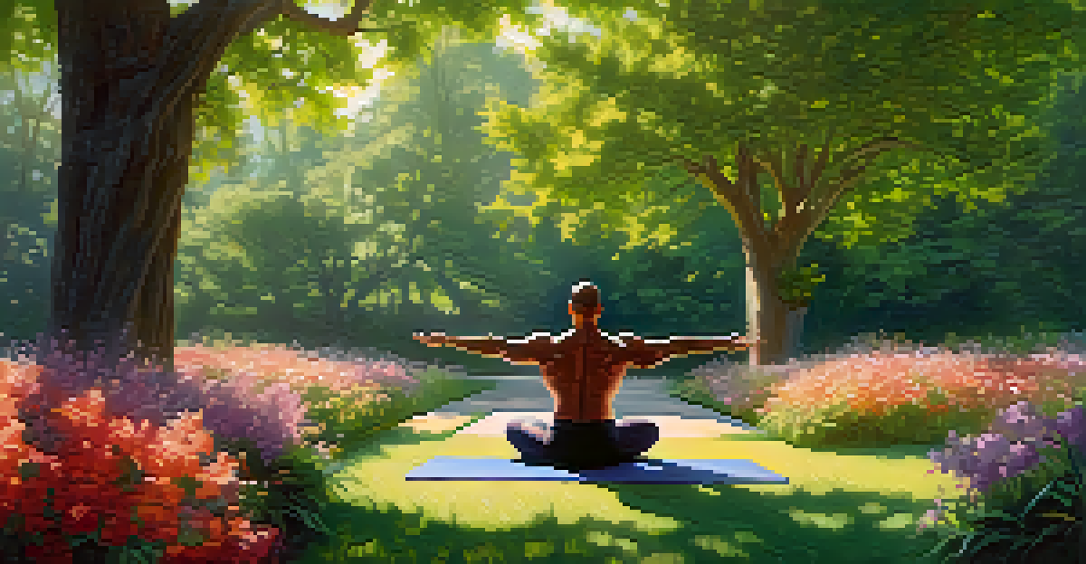 A bodybuilder practicing yoga in a park, promoting mental well-being and body positivity.