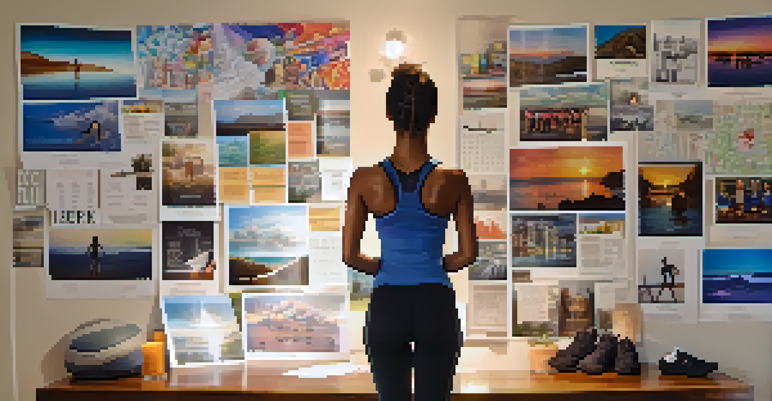 A person in workout clothes standing in front of a vision board, visualizing their bodybuilding goals with confidence.