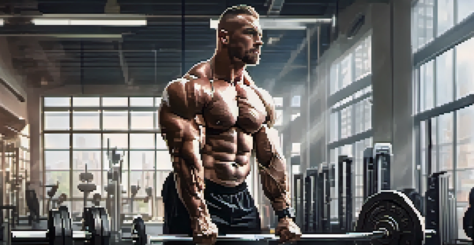 A focused bodybuilder lifting weights in a bright, modern gym filled with equipment and motivational posters.