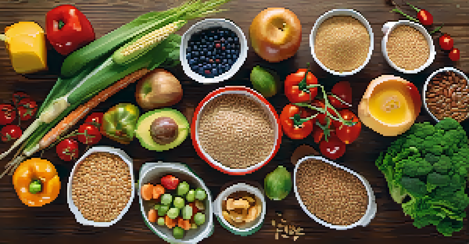 A nutritious meal with whole grains, lean proteins, and fresh produce on a wooden table, emphasizing health and vitality.