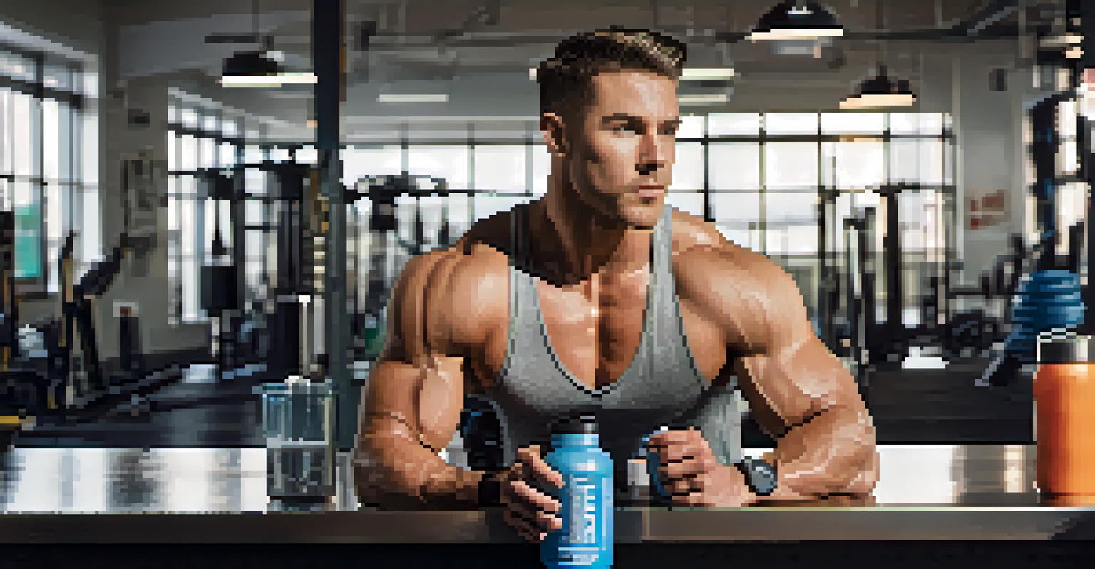 An athlete in a gym mixing a pre-workout supplement in a shaker bottle, surrounded by gym equipment.