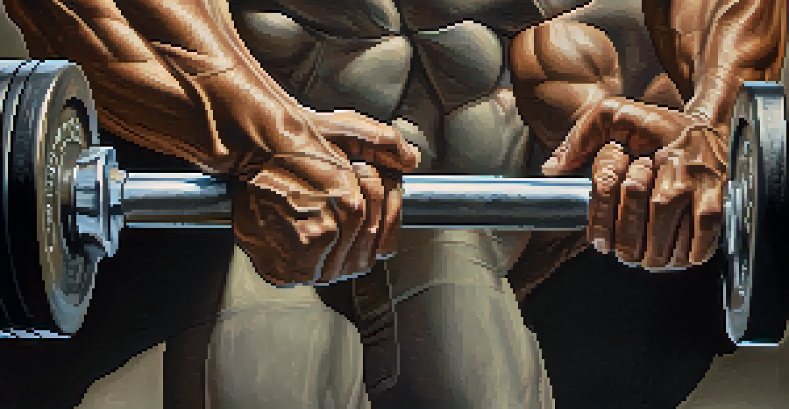 A close-up of strong hands gripping a barbell in a gym, showcasing muscle definition and focus.