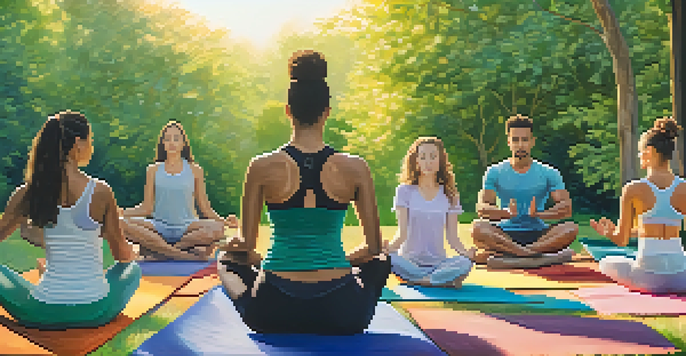 A diverse group of athletes practicing yoga in a serene outdoor setting at sunrise, surrounded by green trees and colorful mats.