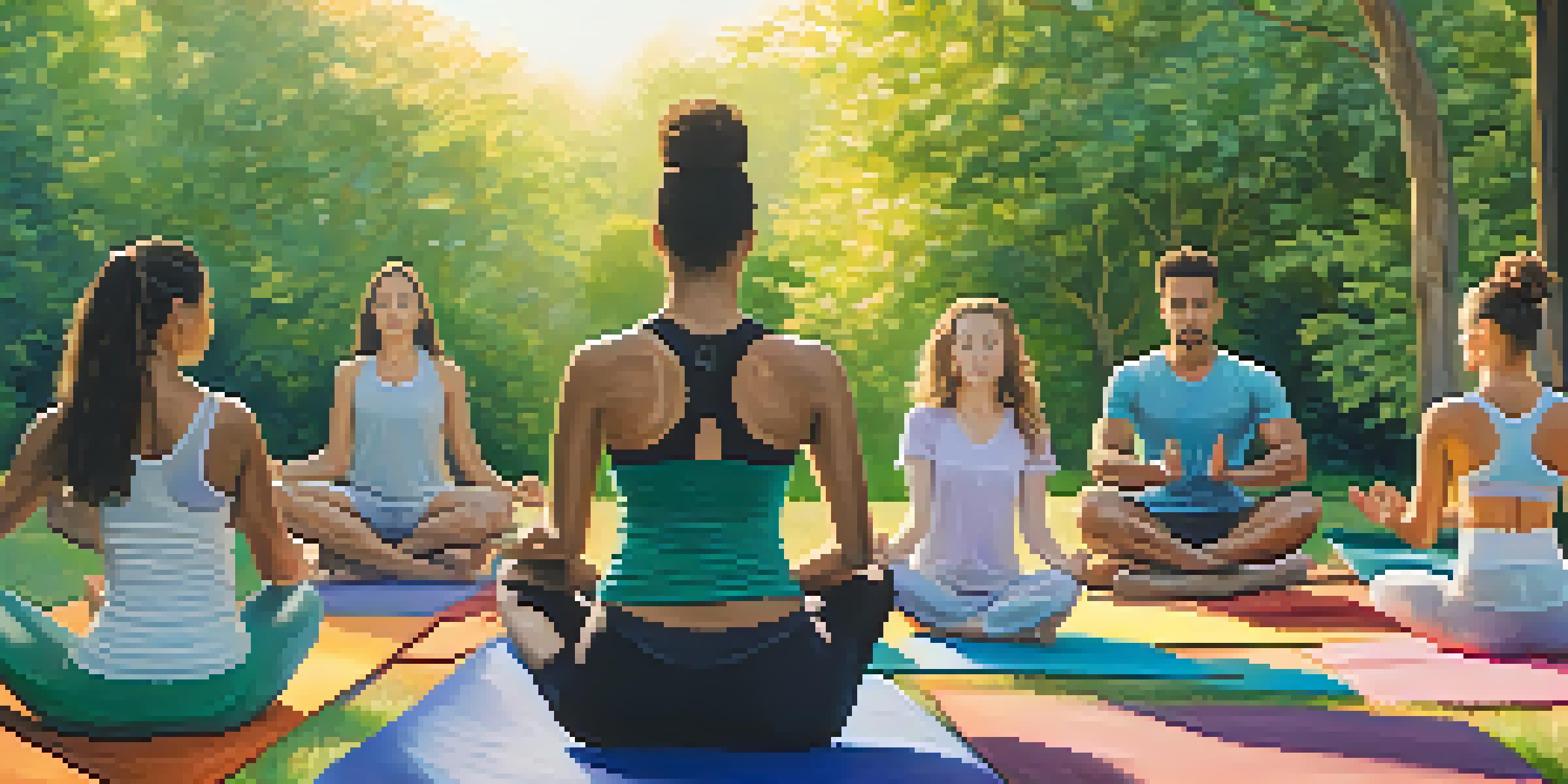 A diverse group of athletes practicing yoga in a serene outdoor setting at sunrise, surrounded by green trees and colorful mats.