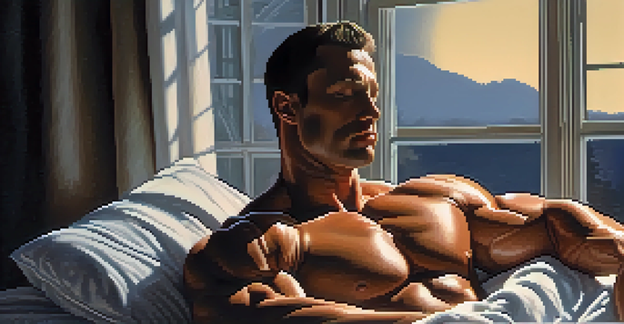A bodybuilder sleeping peacefully with a calm expression, illuminated by soft moonlight.