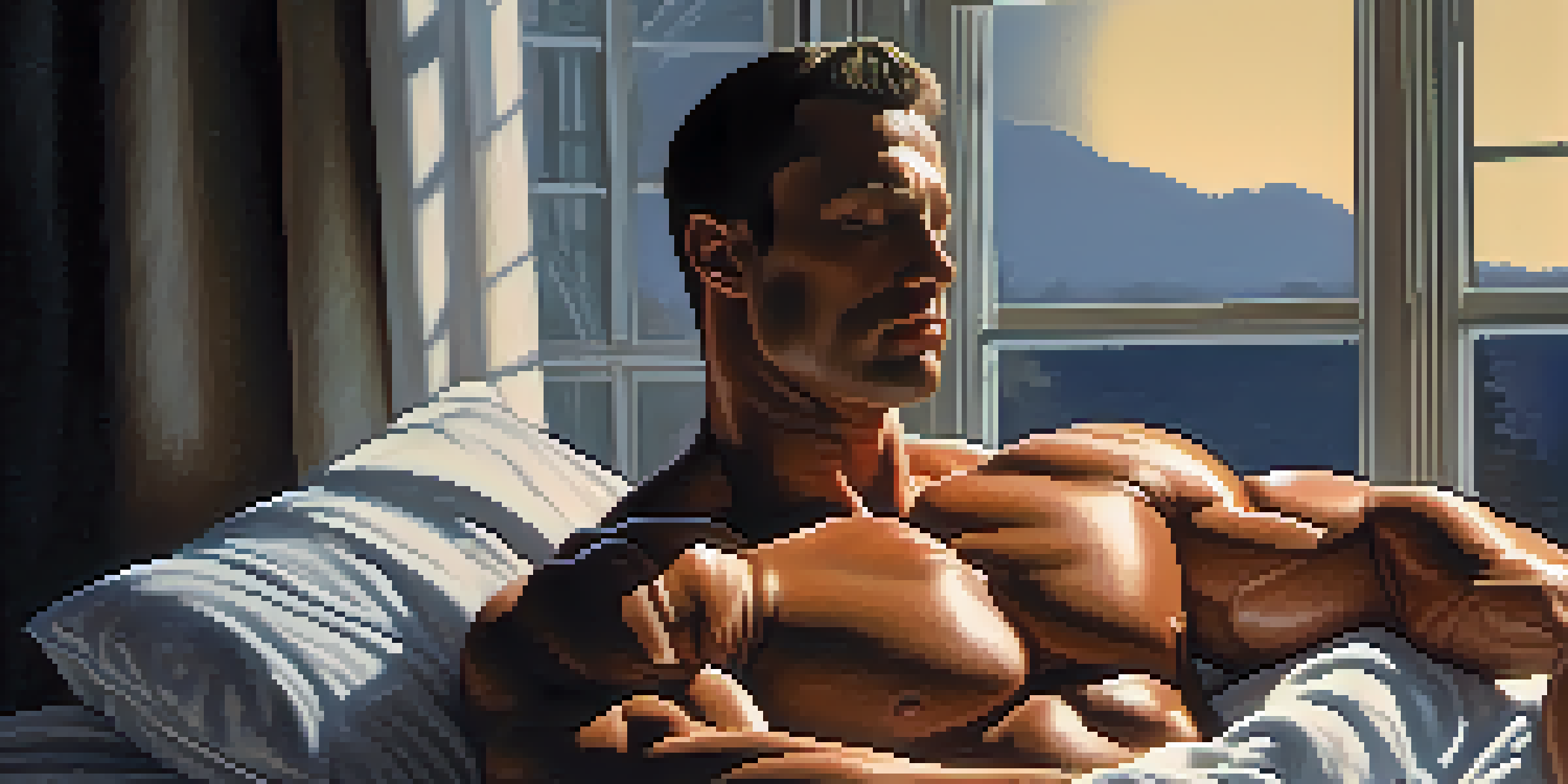 A bodybuilder sleeping peacefully with a calm expression, illuminated by soft moonlight.