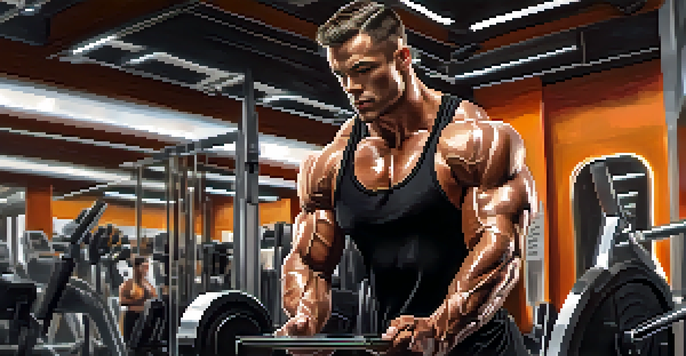 A bodybuilder in a gym using a fitness app on a tablet, with gym equipment and weights in the background.