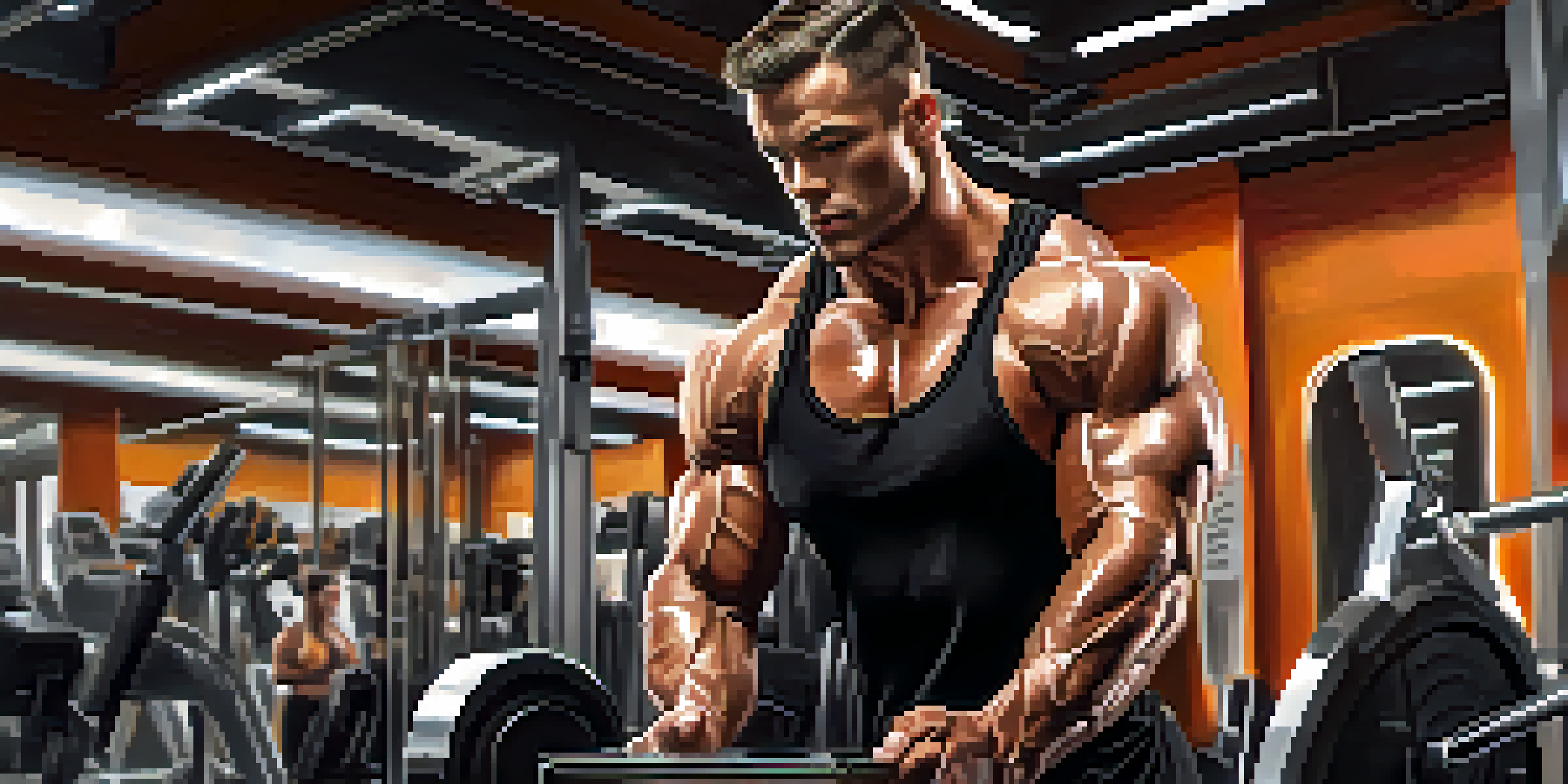 A bodybuilder in a gym using a fitness app on a tablet, with gym equipment and weights in the background.