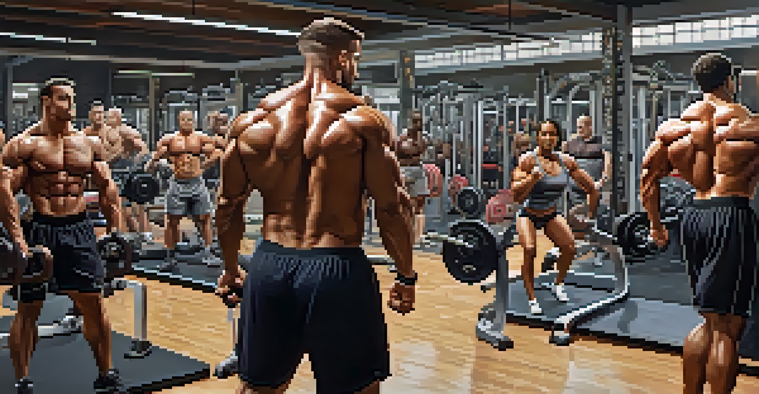 A diverse group of bodybuilders training together in a supportive gym environment.