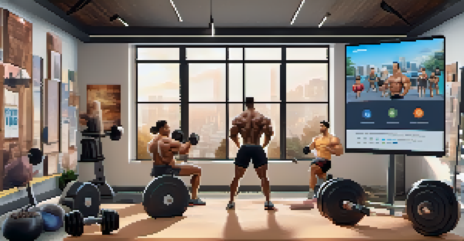 A virtual meeting of bodybuilders sharing tips and experiences in a friendly online environment.