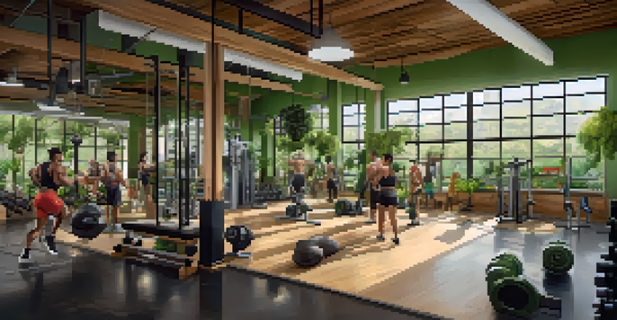 A gym environment focused on sustainability, with bodybuilders working out and eco-friendly equipment.