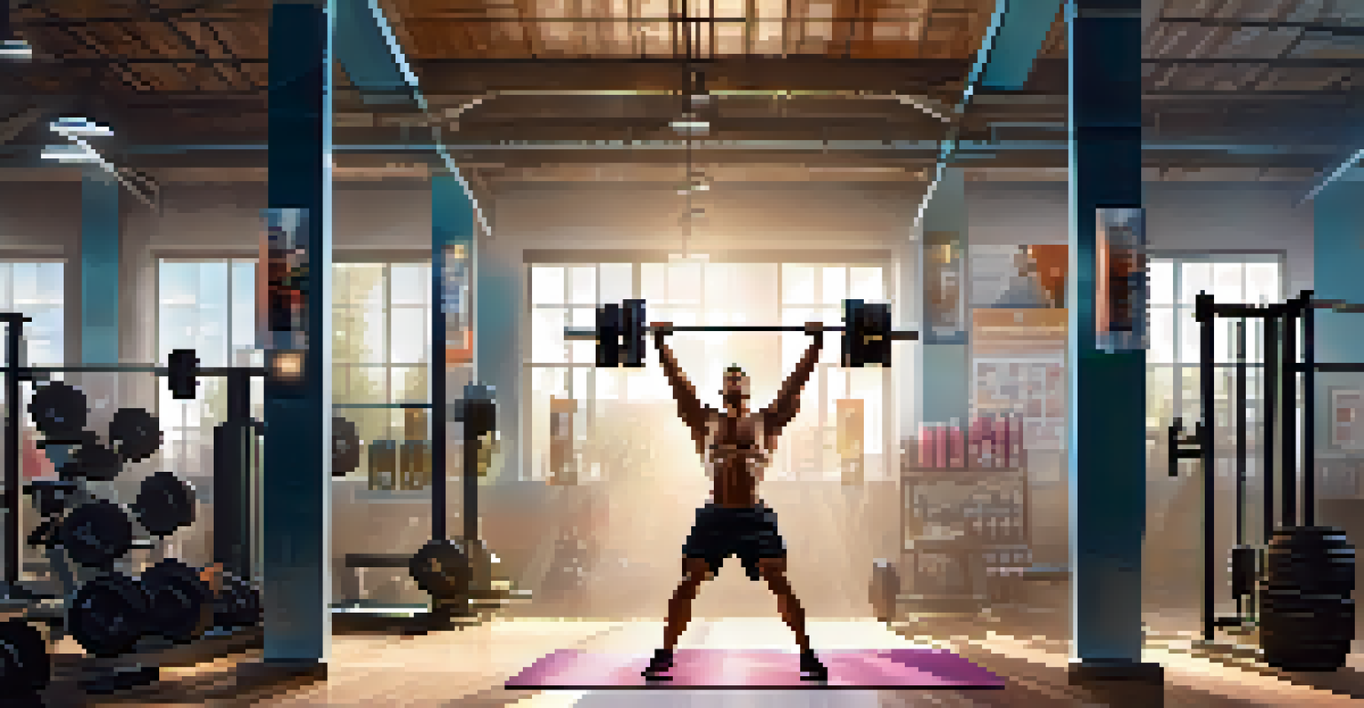 An athlete lifting weights in a gym, holding a sports drink, with gym equipment and motivational posters in the background.