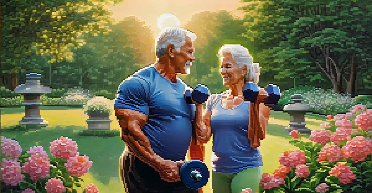 An older man and woman exercising with dumbbells in a park, surrounded by greenery and flowers at sunset.