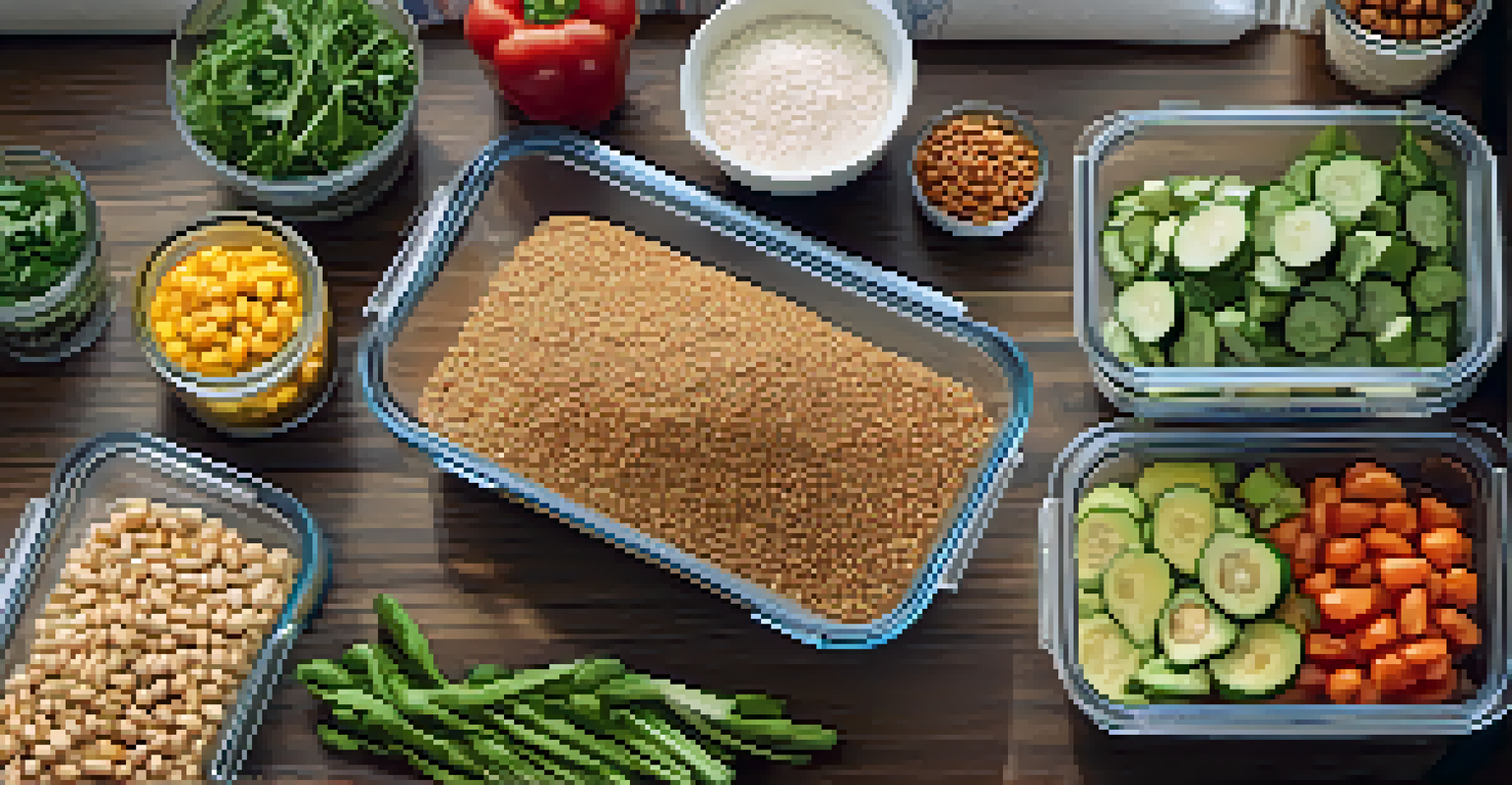 An overhead view of a meal prep setup with clear containers of whole grains, legumes, and vegetables on a wooden surface, with a notebook and pen.