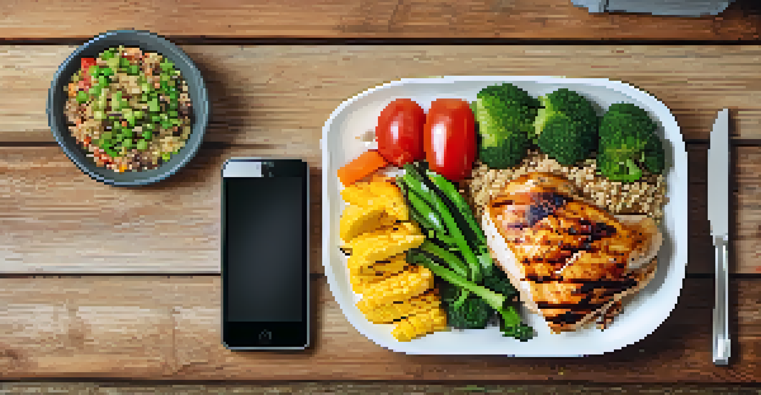 A colorful plate of grilled chicken, quinoa, and steamed vegetables on a rustic wooden table, with a smartphone displaying a nutrition app in the background.