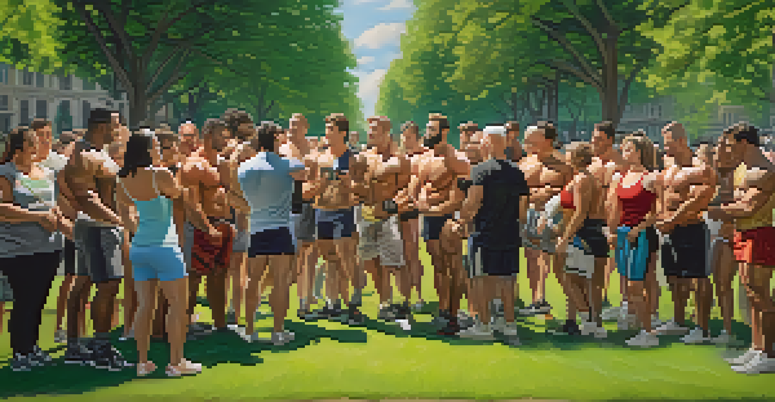 A group of bodybuilders meeting in a park, sharing their fitness progress and smiling together on a sunny day.
