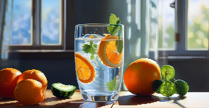 A clear glass of water surrounded by fresh fruits on a wooden table, with sunlight illuminating the scene.