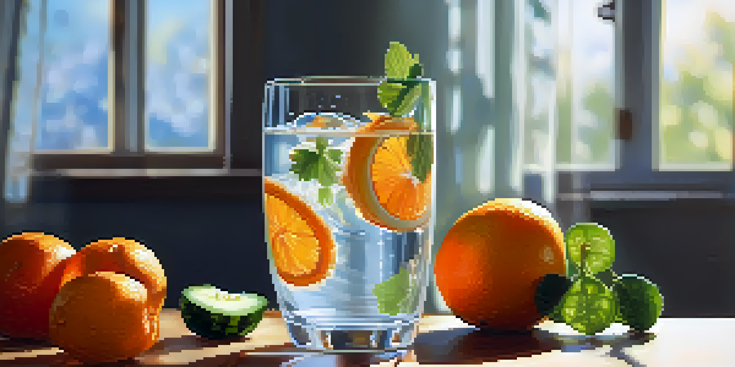 A clear glass of water surrounded by fresh fruits on a wooden table, with sunlight illuminating the scene.