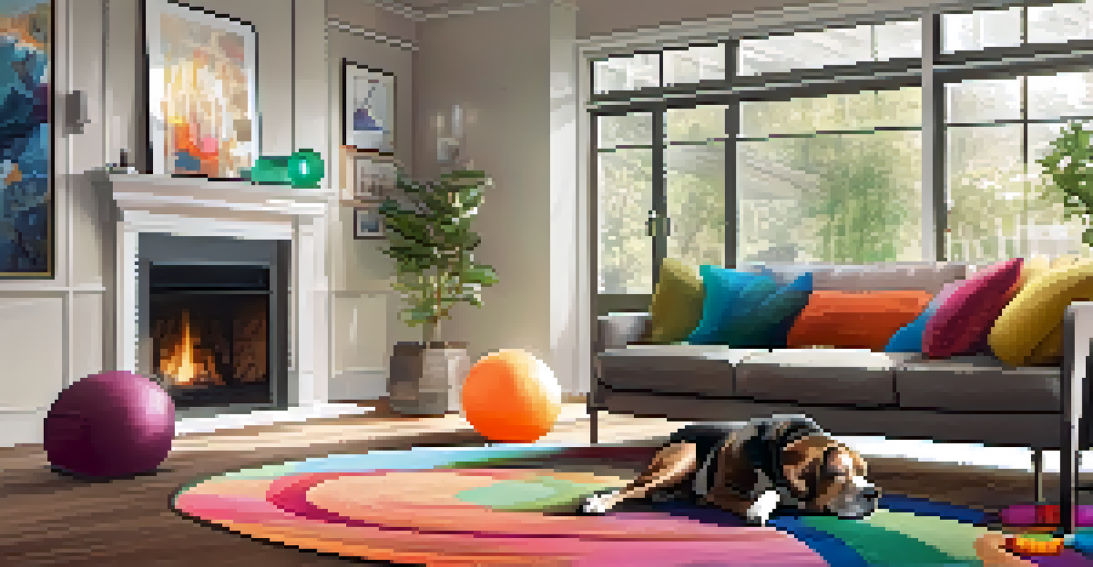 A person exercising on a stability ball in a cozy living room with a dog nearby.