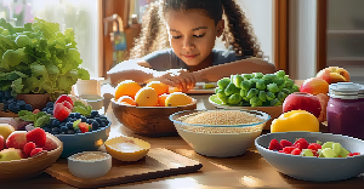 A table displaying healthy meal prep with colorful fruits, vegetables, and proteins, with a child's hands arranging the food.