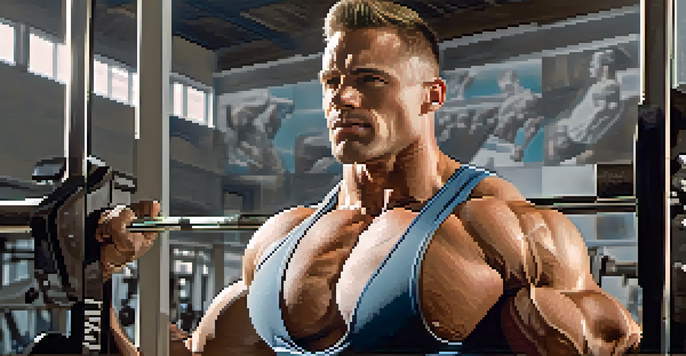 A muscular bodybuilder lifting weights in a bright, modern gym, wearing a fitted tank top and shorts.