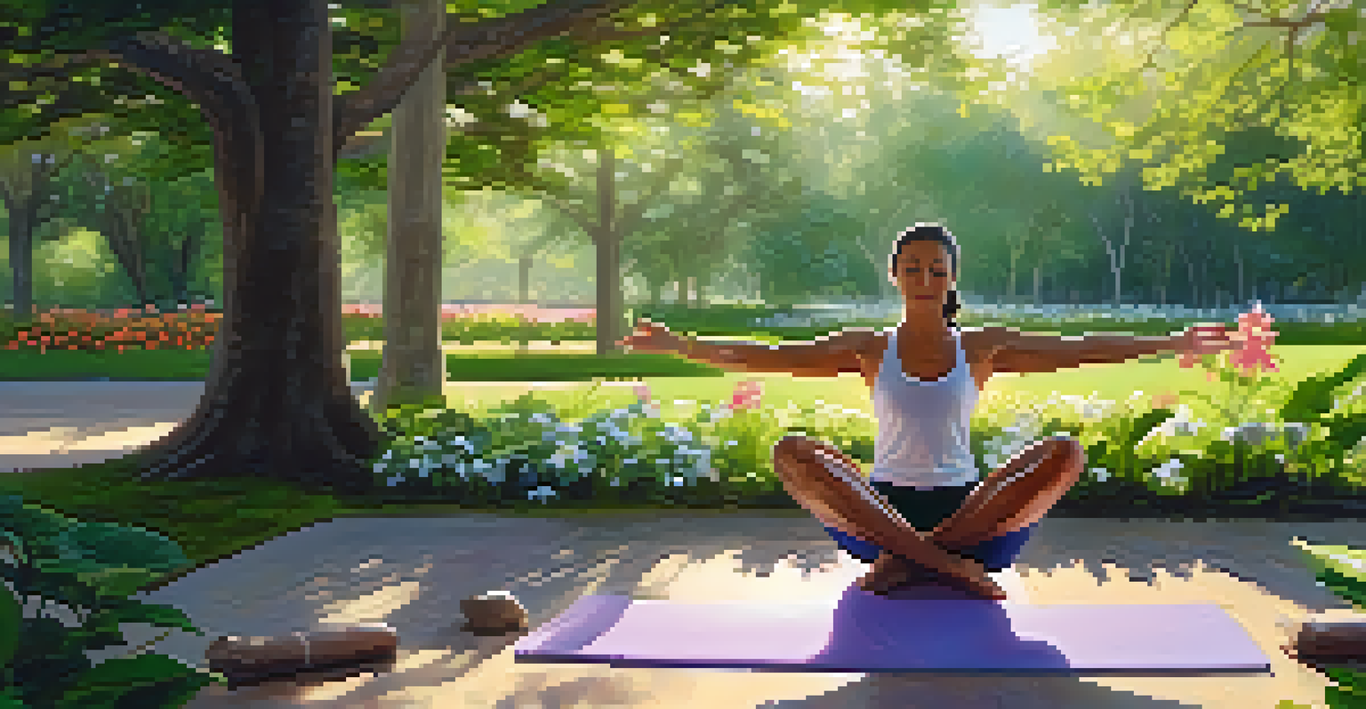 A person practicing yoga in a tranquil park, surrounded by nature and greenery, emphasizing active recovery.