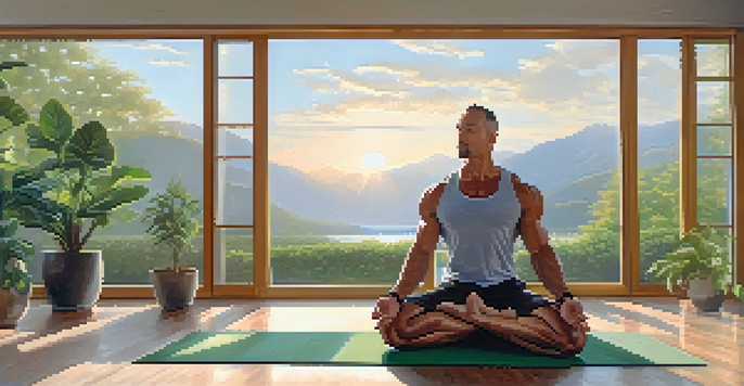 A bodybuilder meditating on a yoga mat in a peaceful gym with natural light and plants.